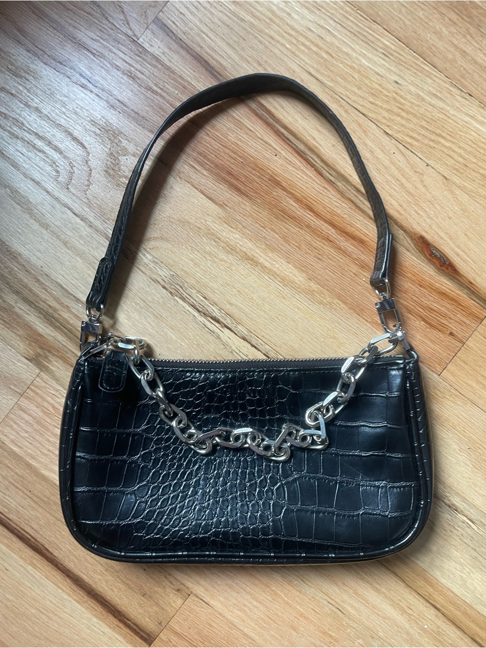 Black Croc-Embossed Mini Bag with Silver Chain